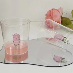 Taza de agua de vidrio rosa 3D estilo ins linda hada leche jugo taza transparente hogar