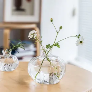 Détail de vase en verre transparent grenade montrant une texture épurée style hydro.