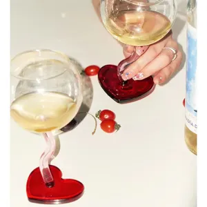 Heart base wine glass pink stem romantic glassware elegant goblet for wedding party gift