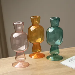 Modern creative glass candlestick vase set, Nordic aesthetic colored glass table decor item for home.