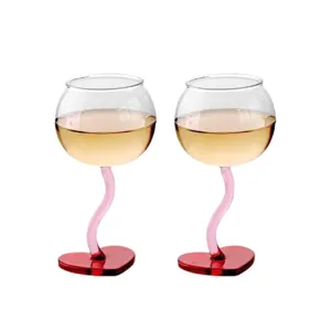 Creative heart shaped base wine glass with pink wavy stem elegant crystal goblet for home party