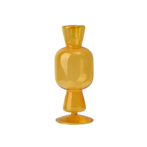 Amber glass candlestick vase, minimalist modern art table ornament for living room decor.