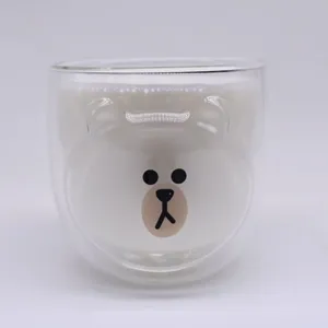 Cute cartoon double wall glass cup detail shot clear heat resistant bear design water cup