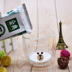 Cute cartoon bear double wall glass cup heat resistant clear water cup for daily use details!