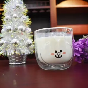 Cute double wall glass cup with heat-resistant design and lovely cartoon animal face pattern.