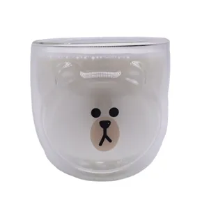 Cute double wall glass cup with cartoon bear design, heat resistant mug for office