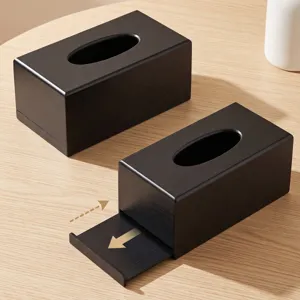 Nordic minimalist black wooden tissue box with slide drawer design for desktop storage.