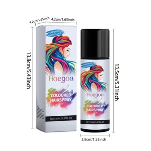Temporäres schwarzes Haarspray Flasche und Verpackung Detailansicht mit Abmessungen.