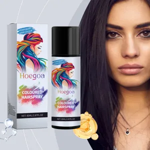 HOEGOA temporäres schwarzes Haarspray Detailansicht der Flaschenverpackung und Anwendung.