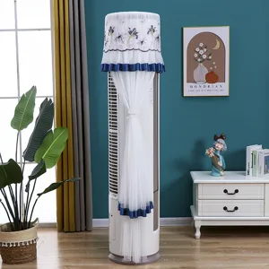 Vertical cylindrical air conditioner dust cover with lace embroidery blue trim home decor.
