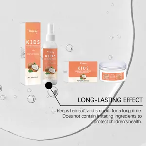 Wiieey kids hair care detail view showcasing coconut hibiscus detangler and curling cream.