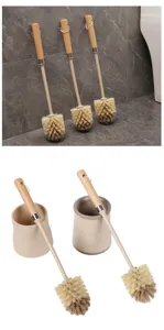 Wooden handle toilet brush set with holder, long handle bathroom cleaning brush tool.