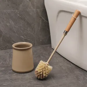 Wooden Long Handle Toilet Brush Set With Holder Minimalist Bathroom Cleaning Tool Toilet Bowl Cleaner Brush With Storage Base