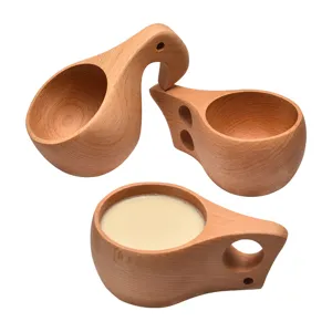 Wooden Coffee Cup Beech Wood Kuksa Camping Portable Water Cup With Handle Restaurant Japanese Style Wooden Drinking Cup