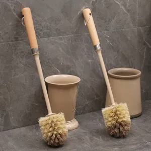 Wooden Handle Toilet Brush Set with Holder Bathroom Cleaning Tool Display Main View