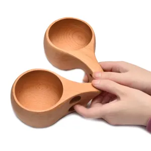 Wooden Kuksa cup with double-hole handle, portable beech camping coffee drinking cup main
