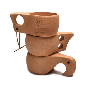 Wooden Kuksa camp mug set of three stacked beech wood cups with handle for outdoor coffee