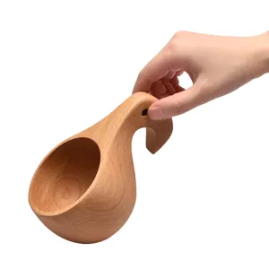 Wooden camping cup beechwood kuksa mug with handle for outdoor coffee and daily drinking use