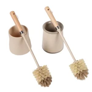 Wooden handle toilet brush set with holder, durable cleaning brush for bathroom and toilet use.