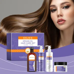 Detailed view of EELHOE argan oil hair care set showcasing smooth texture and nourishing formula.