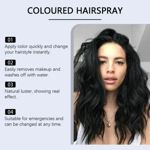 Temporäres schwarzes Haarspray Detailansicht zeigt sofortigen Farbtöneffekt und natürlichen Glanz.