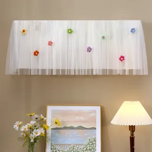 White lace air conditioner dust cover with colorful knitted flowers wall-mounted home decor.