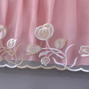 Pink floral embroidered mesh wall mounted air conditioner dust cover fabric detail.