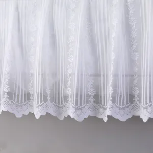 Dettaglio copertura per condizionatore in pizzo bianco con motivo floreale e righe.
