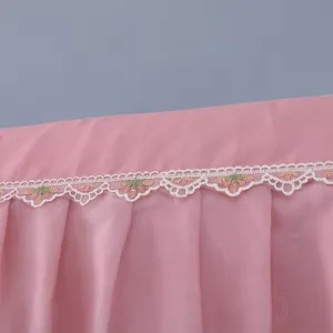 Detailed view of the pink lace air conditioner cover, showcasing fine embroidery and soft fabric texture.