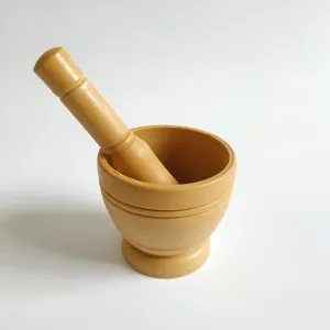 Manual wooden garlic press mortar and pestle set for kitchen grinding ginger and nuts tools.