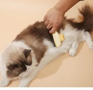 Detail view of a yellow pet slicker brush used for grooming a long-haired cat nicely.