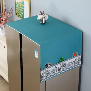 Housse antipoussière pour réfrigérateur cyan avec poches de rangement et bordure florale