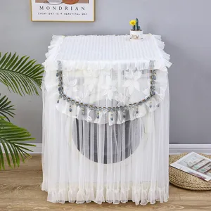 Cubierta de Lavadora de Encaje Protector Polvo Cubierta de Tela Blanca Con Bordado Floral y Borlas de Cuentas