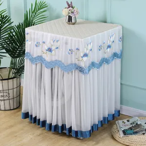 Cubierta antipolvo para lavadora de encaje con bordado floral azul, tambor y pulsador universal.