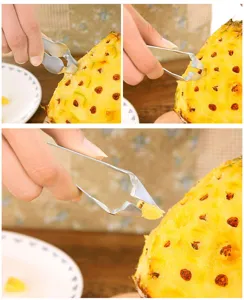 Stainless steel pineapple eye remover tool kitchen gadget for fast peeling and coring fruit easily.