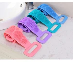 Long silicone back scrubber double sided exfoliating body brush with handles for comfortable bath.