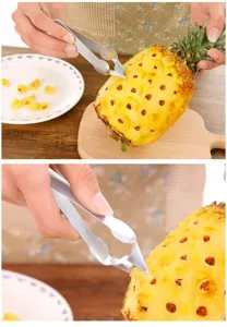 Detail view of stainless steel pineapple eye remover tool showing usage step and close up.