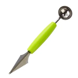 Stainless steel dual-head fruit melon baller and wavy carving knife with green handle for kitchen.