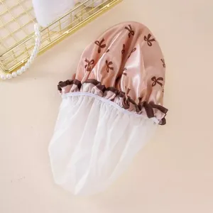 Cuffia doccia impermeabile a doppio strato con fiocchi graziosi, raso rosa e fodera morbida.