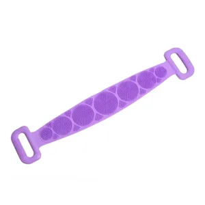 Lengthened silicone bath back scrubber with dual handles and exfoliating massage points.