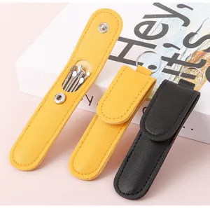 Portable leather ear pick set with stainless steel tools and keychain design detail.
