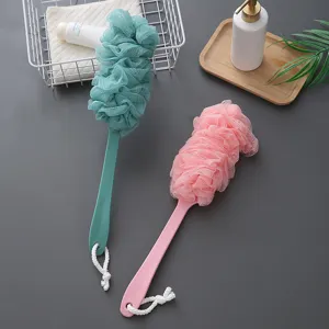 Long handle bath sponge brush with soft mesh ball for comfortable daily body scrubbing.