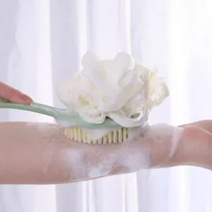 Long handled bath brush with soft loofah and bristles for body back scrubbing shower