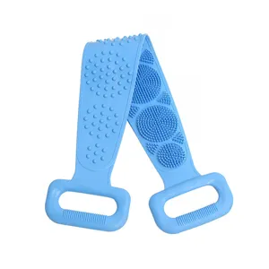 Blue silicone bath body scrubber strap with handles for back exfoliating and massaging.