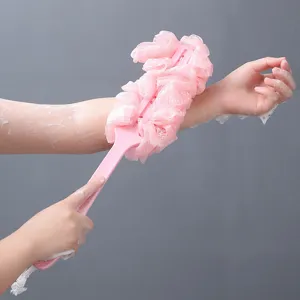 Long handle bath brush with soft mesh sponge for easy back scrubbing and body showering clean.