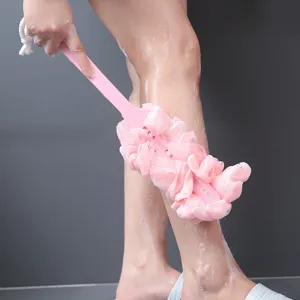 Long handle bath sponge brush with soft mesh for body washing and shower cleaning pink color.