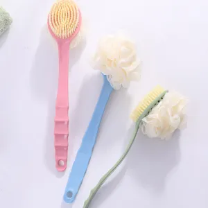 Long handled bath brush with soft bristles and sponge, set of three colors for back scrubbing.
