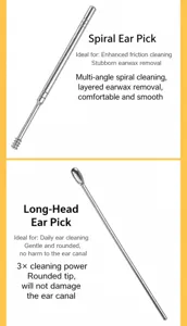 Stainless steel ear pick set with spiral and long spoon design for safe earwax cleaning.