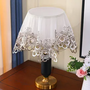 Exquisite European style lace lampshade detailed view, elegant floral embroidery craftsmanship.