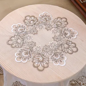 European style lace round tablecloth white fabric floral embroidered coffee table cover decor